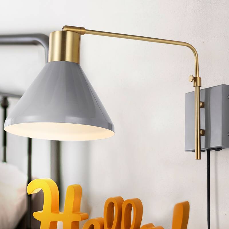 Justina Swing Arm 1-Light Modern Midcentury Iron USB Charging Port LED Sconce, by JONATHAN Y - Gray