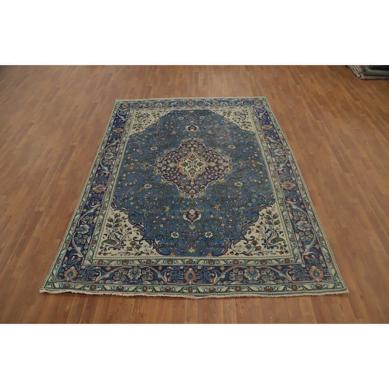 Hand Knotted Oriental 100% Wool Carpet Traditional Floral Navy Blue & Blues Tabriz Area Rug - 9' 4'' X 6' 9''