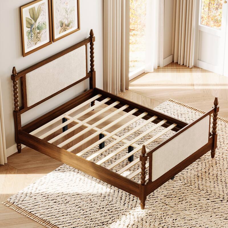 WAMPAT Solid Wood Queen 4-Poster Bed – Vintage Upholstered Headboard & Footboard, No Box Spring Needed, Walnut