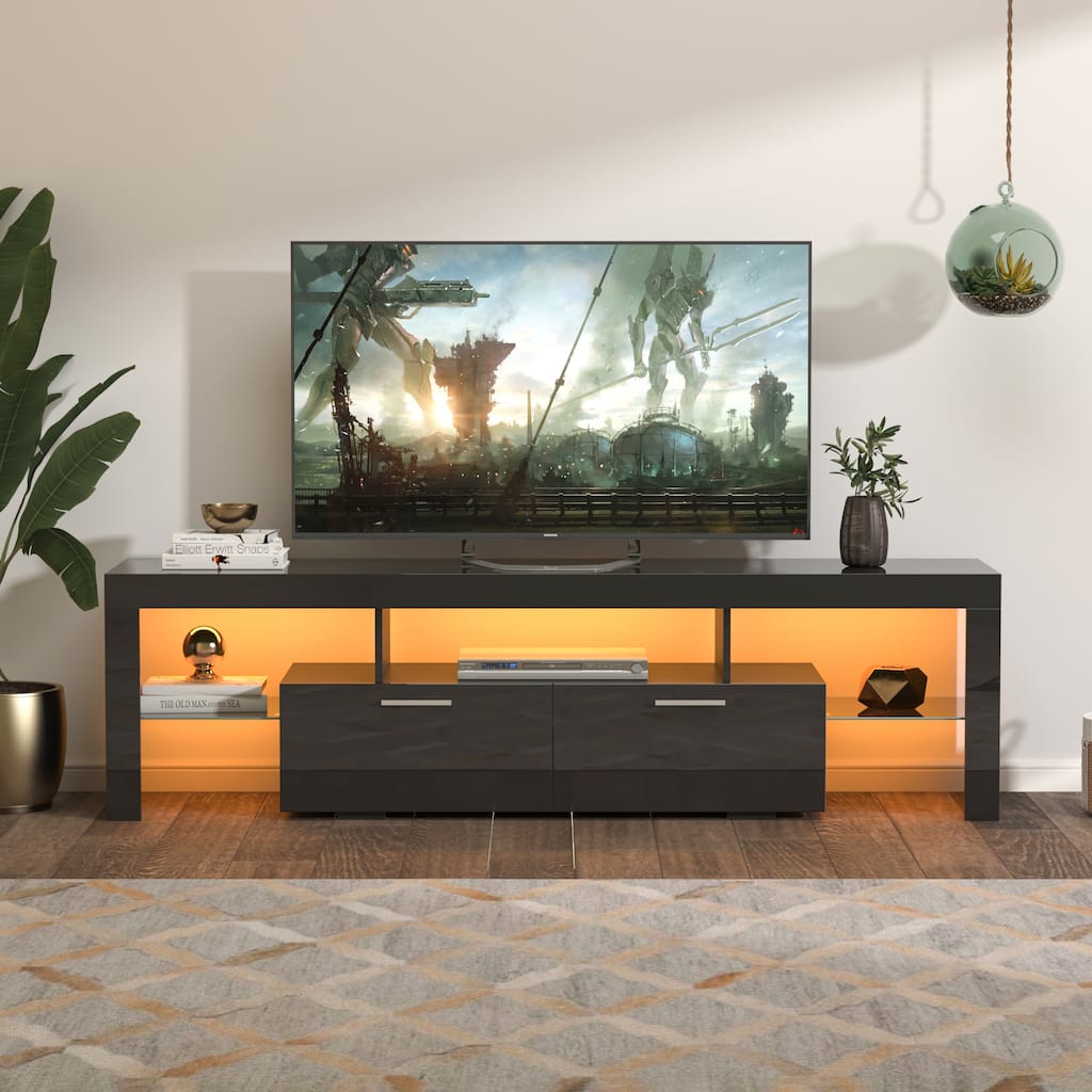 TV Stand Entertainment Center Console with LED Light and Glass Shelf, Metal Handle