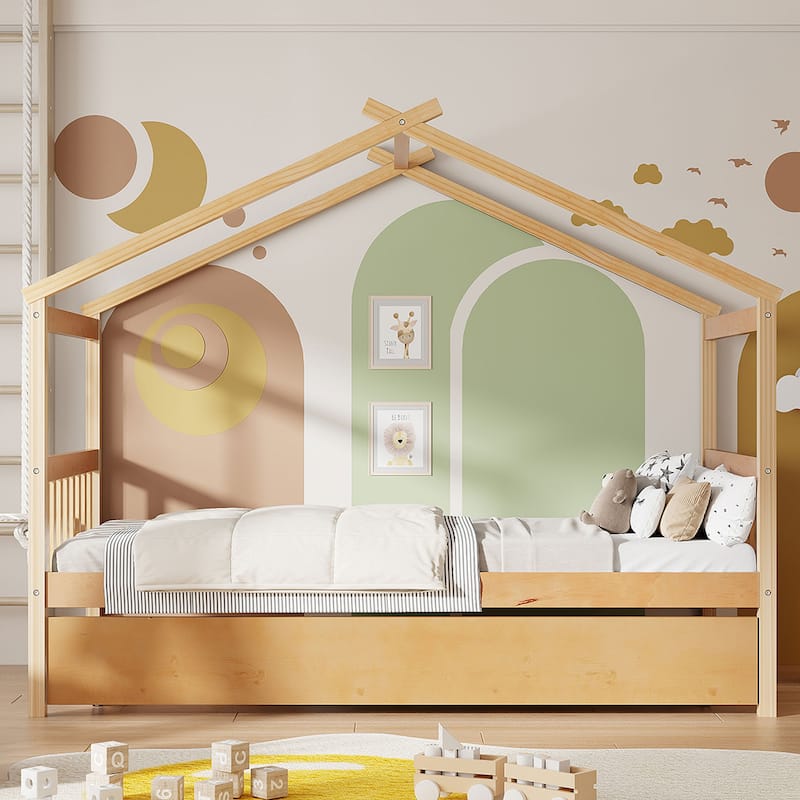 Twin Size Wooden House-Shaped Bed With Twin Size Trundle