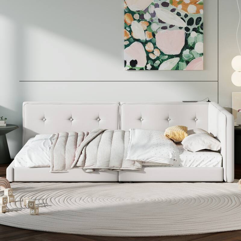 Full Size Upholstered Platform Bed Frame, Daybed with USB Ports and Sturdy Wood Frame, No Box Spring Needed, for Bedroom