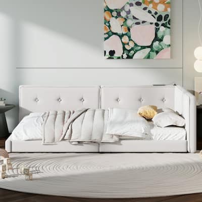 Upholstered Platform Daybed with USB Ports, Modern Linen Fabric Floor Sofa Bed Frame, Wooden Slats Support