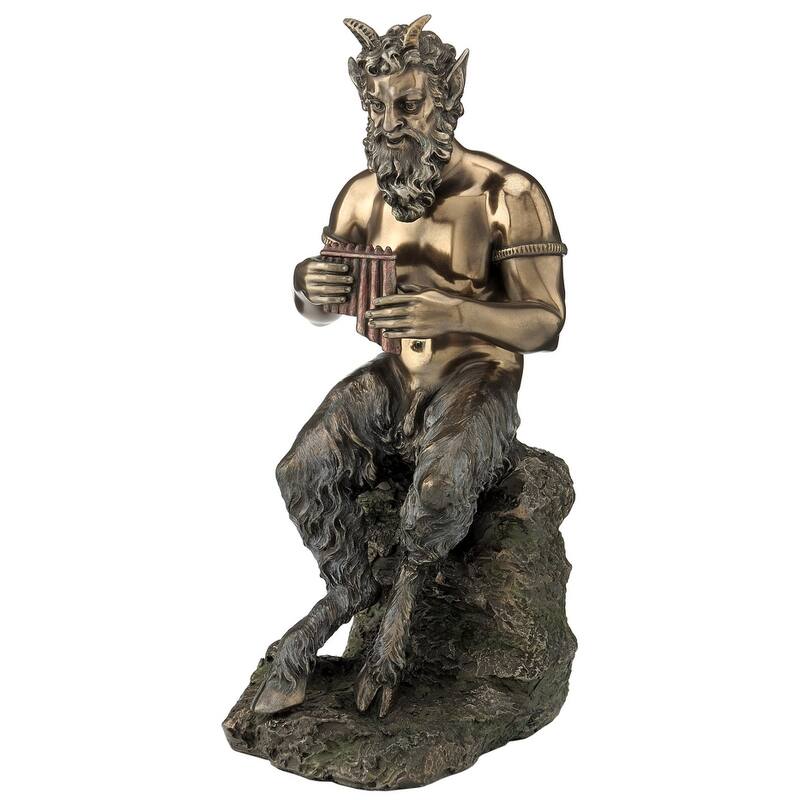 Veronese Design 9.8 H Pan Sitting On The Rock Playing Pan Flute Cold Cast Bronze