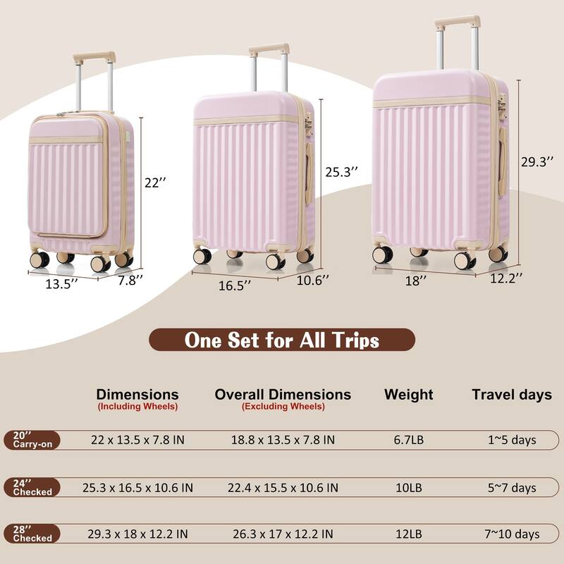 Luggage Set of 3, 20inch with USB Port, front opening design Airline Certified Carry on Luggage, ABS Hard Shell Luggage