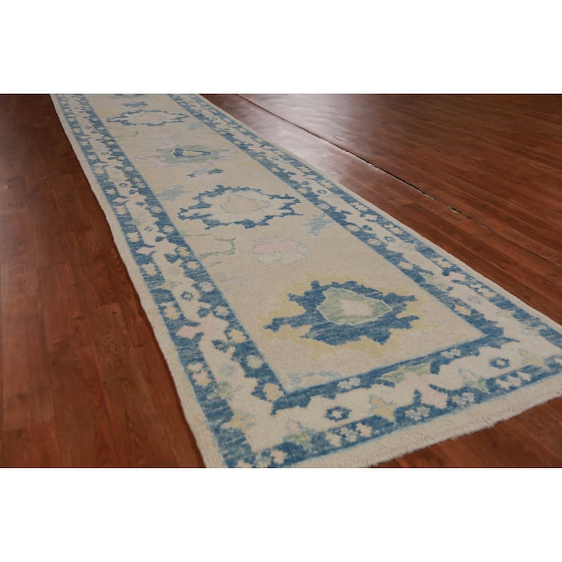 Hand Knotted Oriental 100% Wool Carpet Transitional Floral Beige & Ivories Oushak Runner Rug - 13' 8'' X 2' 11''