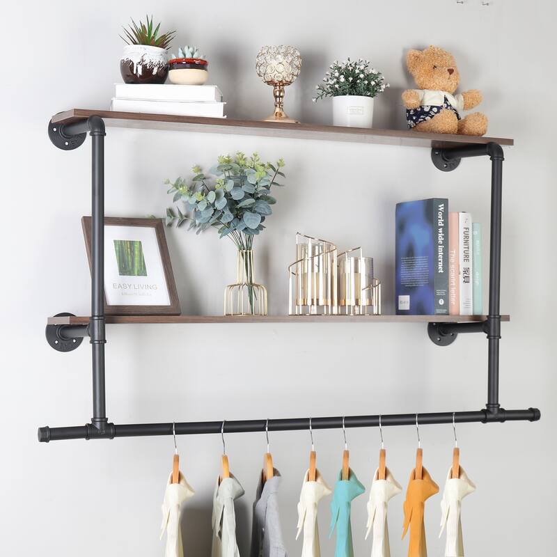 2 Tier Clothes Display Rack Pipe w/Wood Shelves for Garment Storage - Black and Dark Brown
