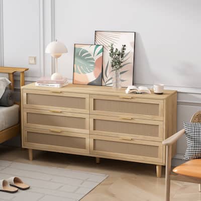 59.06" 6-Drawers Rattan Storage Cabinet Rattan Drawer with White Drawer Slides