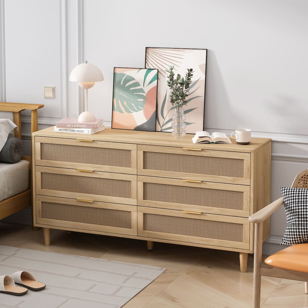 59.06" 6-Drawers Rattan Storage Cabinet Rattan Drawer with White Drawer Slides