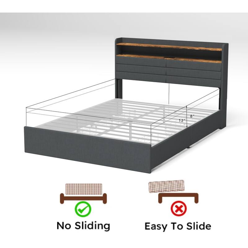 Platform Storage Bed Frame with 4 Underbed Drawers/Headboard with 2 Shelves/LED Light/Charging Station/Noise Free - Black Gray