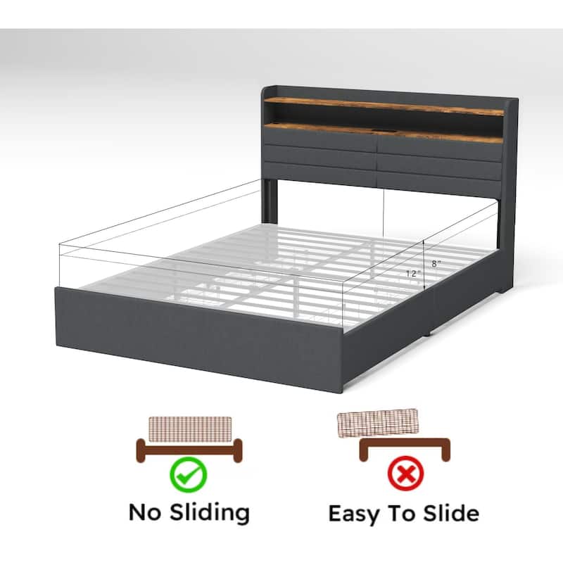 Queen Bed Frame with 4 Storage Drawers,Upholstered Platform Queen Size Bed Frame with Headboard,LED Light and Charging Station