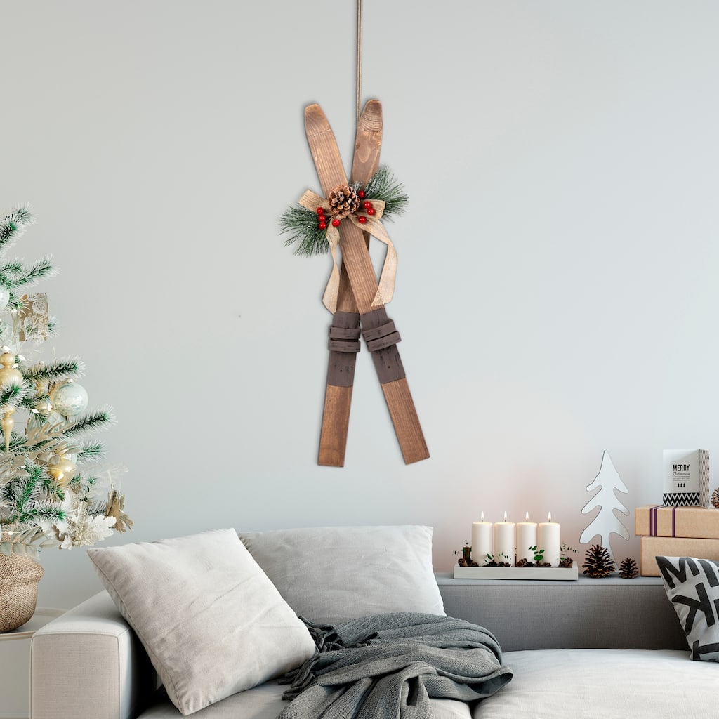 Snow Skis with Burlap Bow Wooden Christmas Decoration - 23.5"