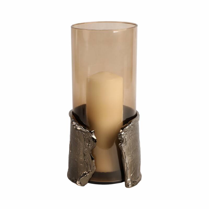 Candle Holder - Brown Glass with Metal Wraparound