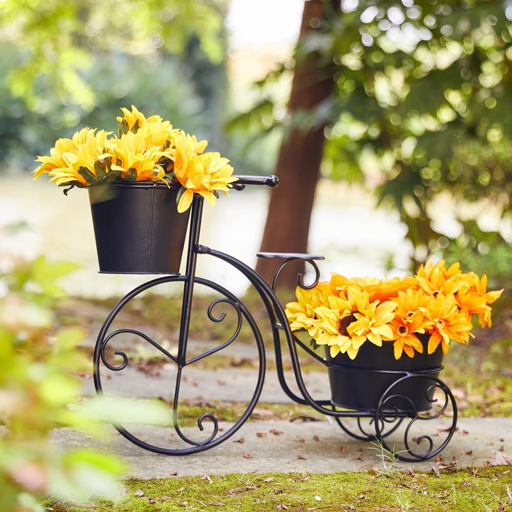 Glitzhome 21.5"L Farmhouse Metal Bicycle Planter Stands Flower Pot Cart