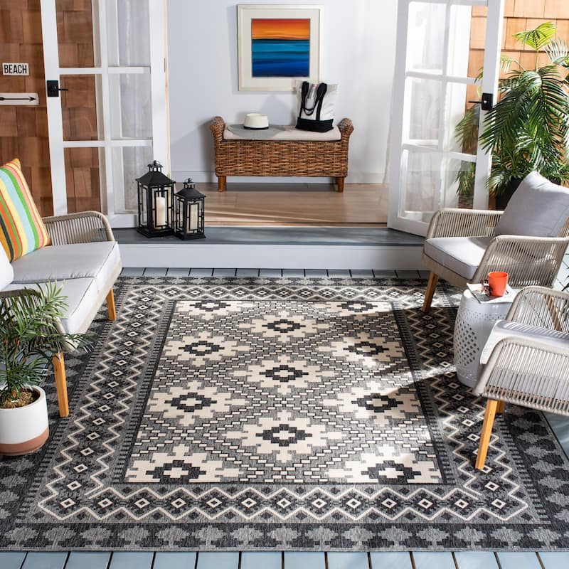 SAFAVIEH Veranda Eyvor Indoor/ Outdoor Waterproof Patio Backyard Rug - 5'3" Square - Ivory/Charcoal