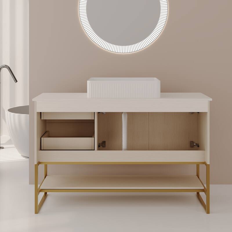 All-in-one Bath Storage Set, Freestanding Bathroom Vanity with Vessel Textured Ceramic Sink and Gold Stainless Steel Base