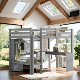 Full Loft Bed with L-shaped Desk, Wardrobe and Storage Shelves, White