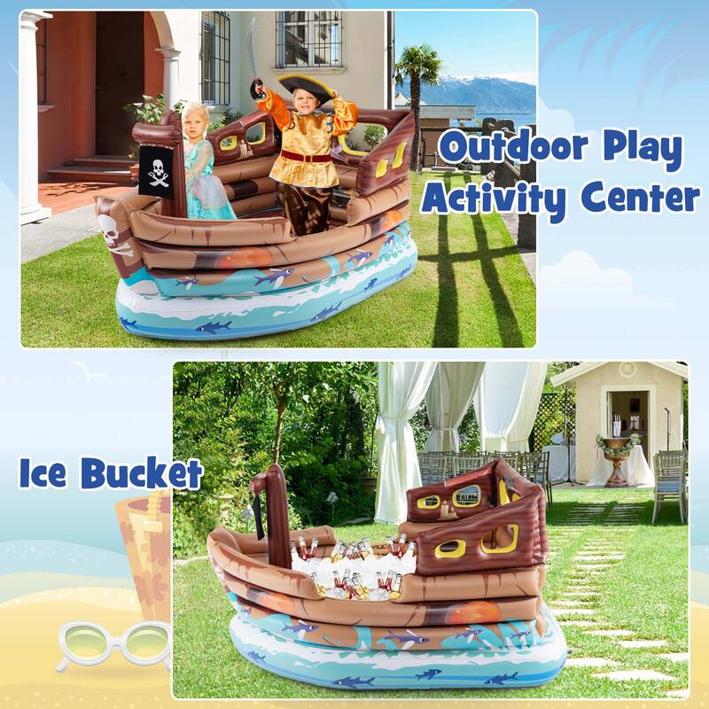 Pirate Ship Bounce House Inflatable Bouncy Castle w/ Built-in Motor - Brown