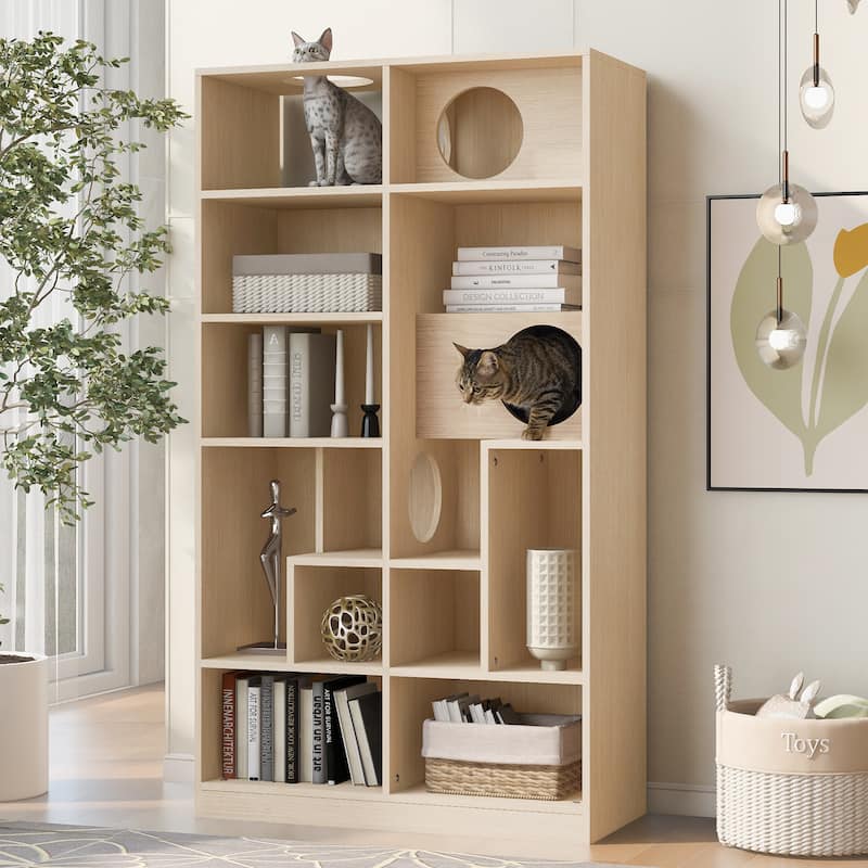 Modern 2-in-1 Wooden Bookshelf & Cat House: Display Case with Storage, Litter Box Enclosure & Climbing Shelf‌
