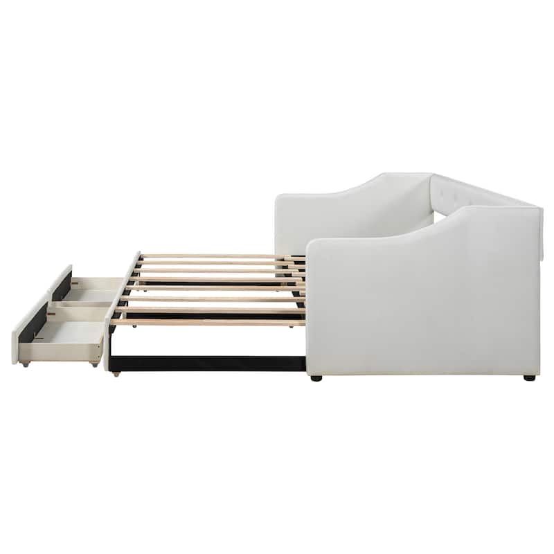 Twin XL to King Size Linen Fabric Daybed, Pull Out Upholstered Platform Sofa Bedframe with 2 Drawers, Wood Slats Support