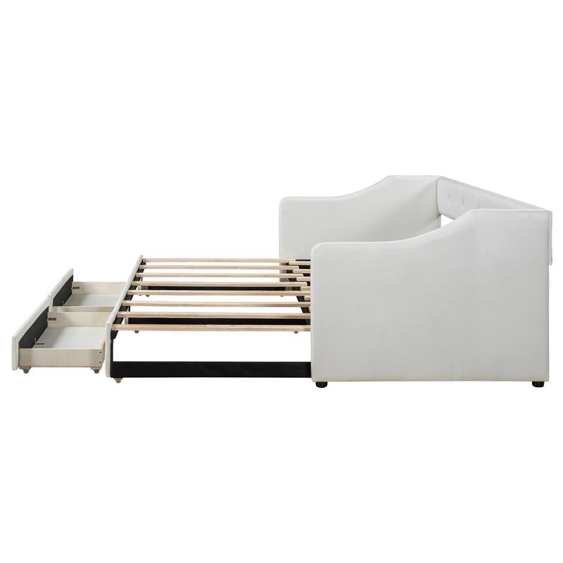 Twin XL to King Upholstered Daybed with Two Storage Drawers, Expandable Design, No Box Spring Required