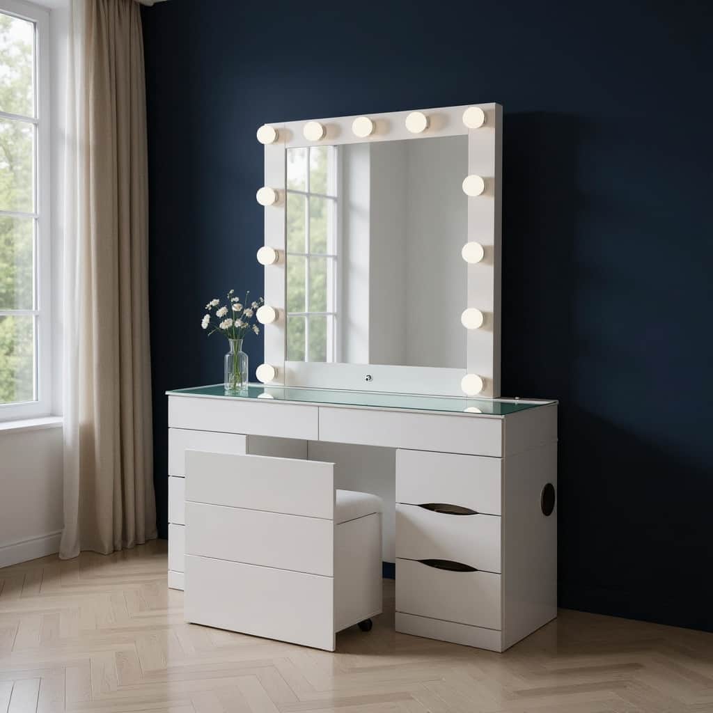 HomeRoots 62" White Wood And Glass Six Drawer Vanity Table With Mirror Seating And Lights