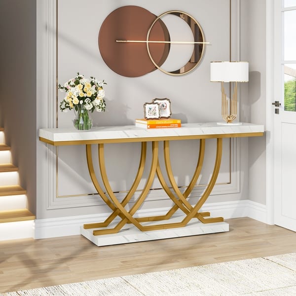 59 Inch Modern Console Table, Faux Marble Entryway Table with Gold Base