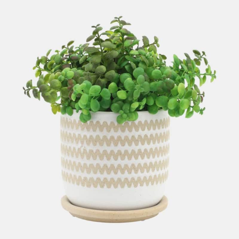 Ceramic Zig Zag Planters With Saucers 6" White and Brown Set of 2
