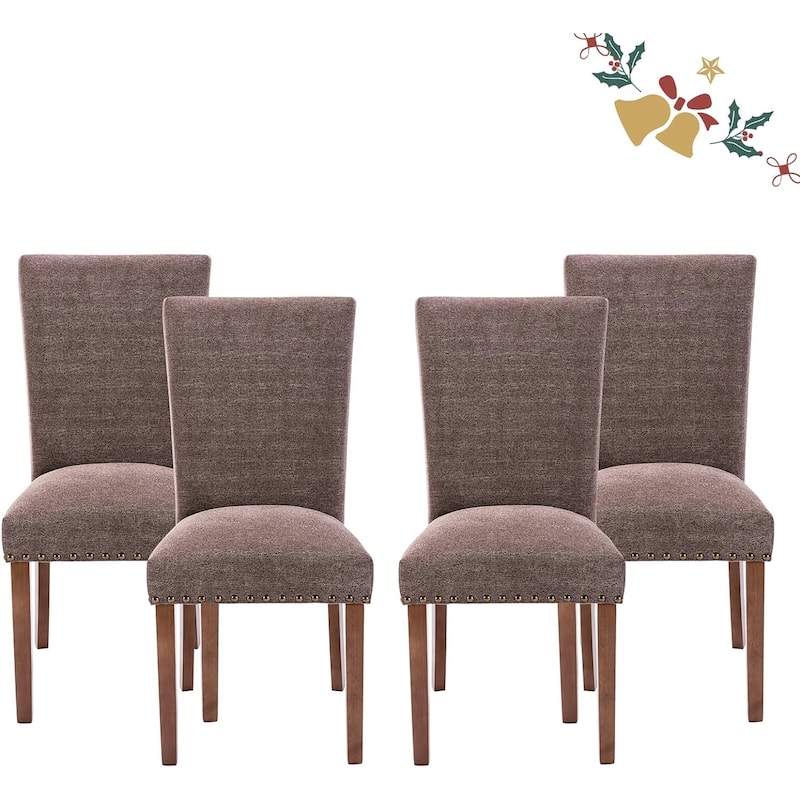 Upholstered Parsons Dining Chairs Set of 2/4/6, Fabric Dining Room Kitchen Side Chair with Nailhead Trim and Wood Legs - Set of 4 - F-Brown