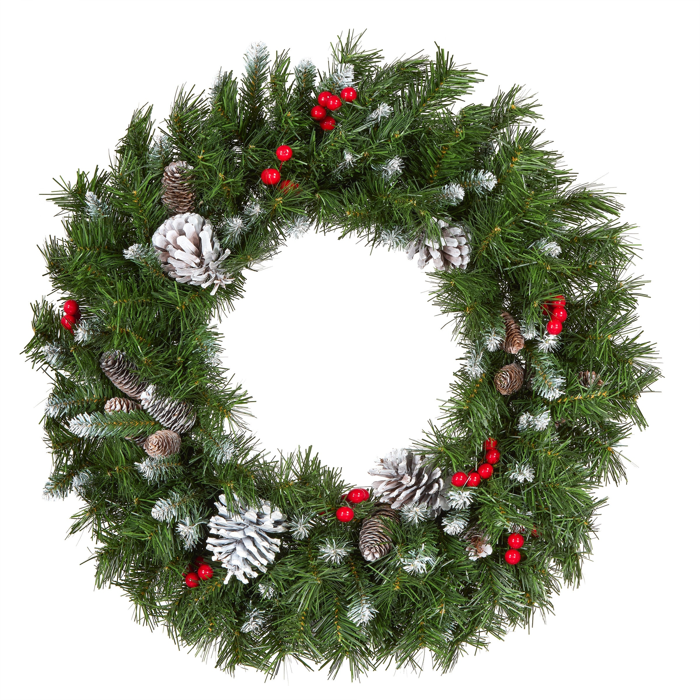 National Tree Company 24 in. Frosted Berry Wreath with 4 Big, 12 Long Cones & 8 Sets Red Berries - 2 ft