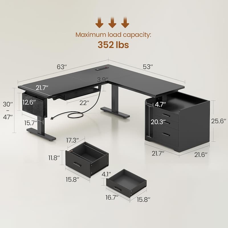 L Shaped Electric Standing Desk with File Cabinet Height Adjustable 63 x 53''