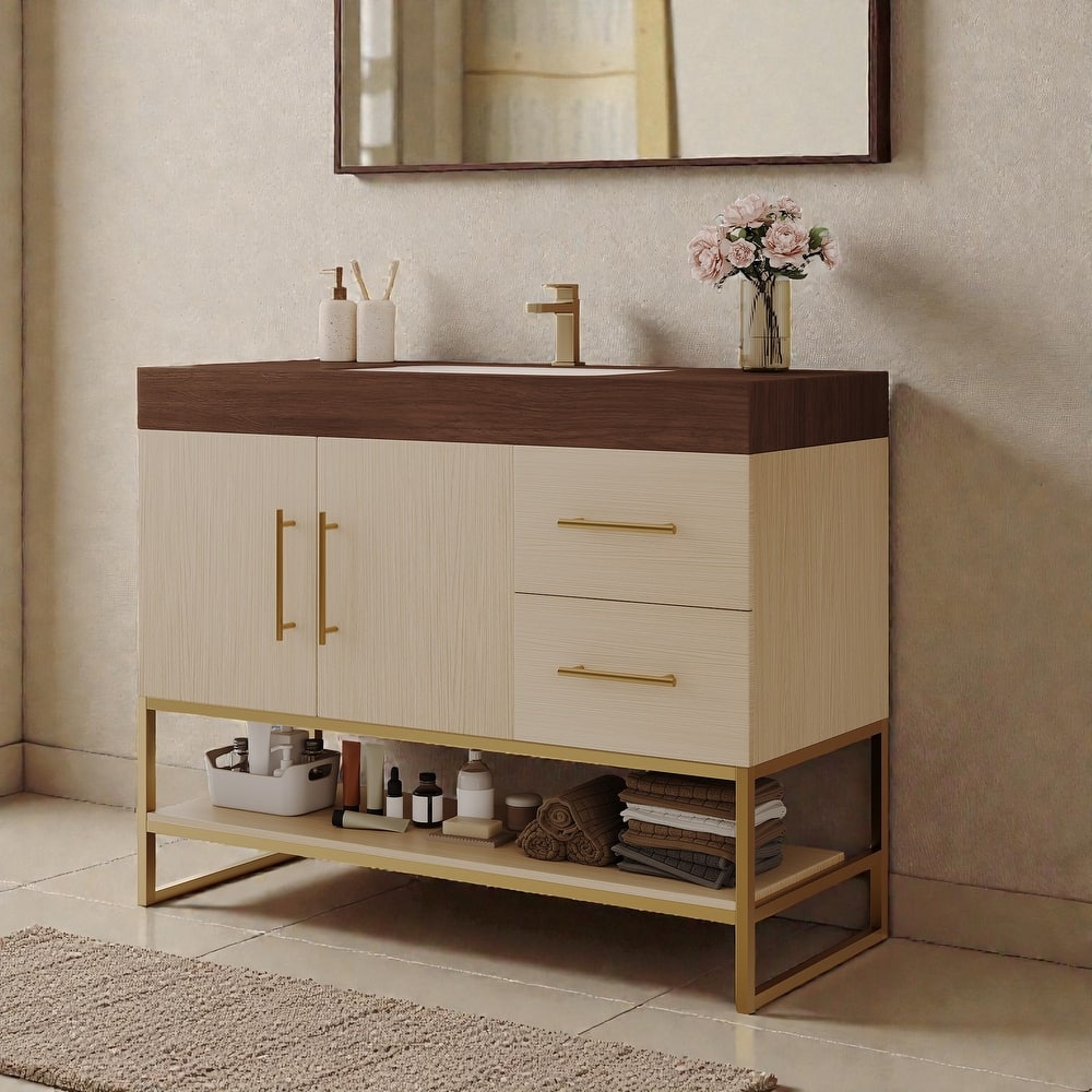36 Inch Modern Bathroom Vanity with Seamless Ceramic Sink, Freestanding Cabinet with Gold Accents and Storage
