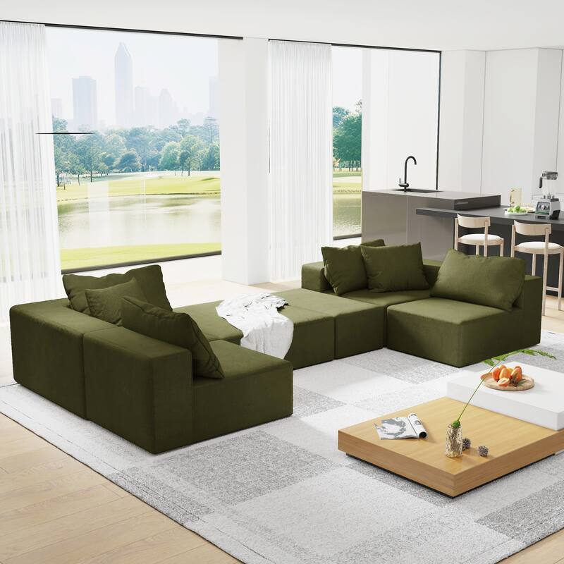 Floor Upholstered Sectional Sofa Modular L Shaped Couch Set with 6 Pillows and Ottomans, Living Room Sleeper Sofa Bed