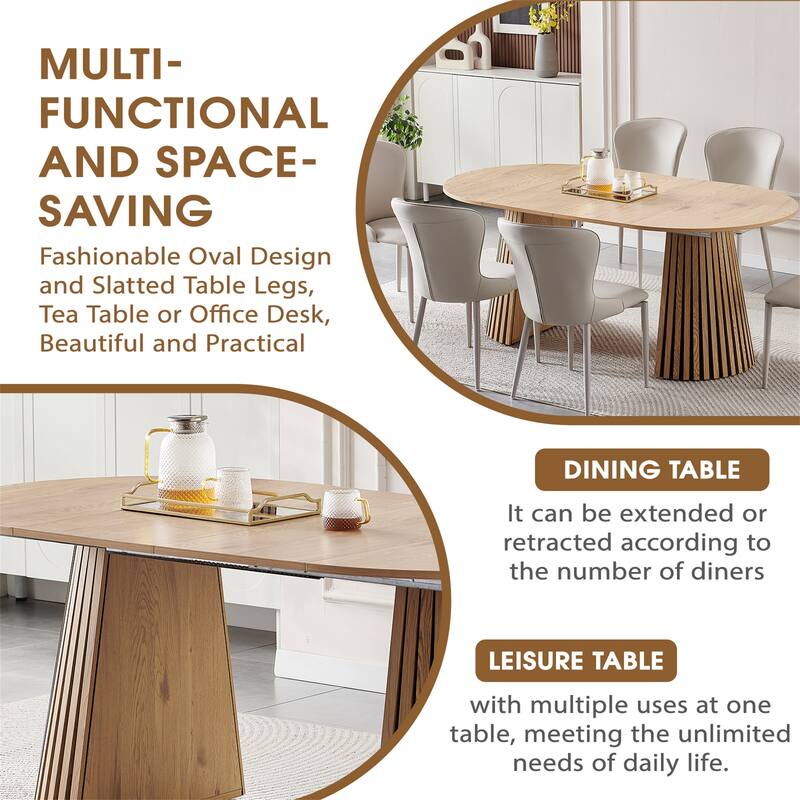Extendable Oval Wood Dining Table, Multi-Functional Desk with Slatted Legs
