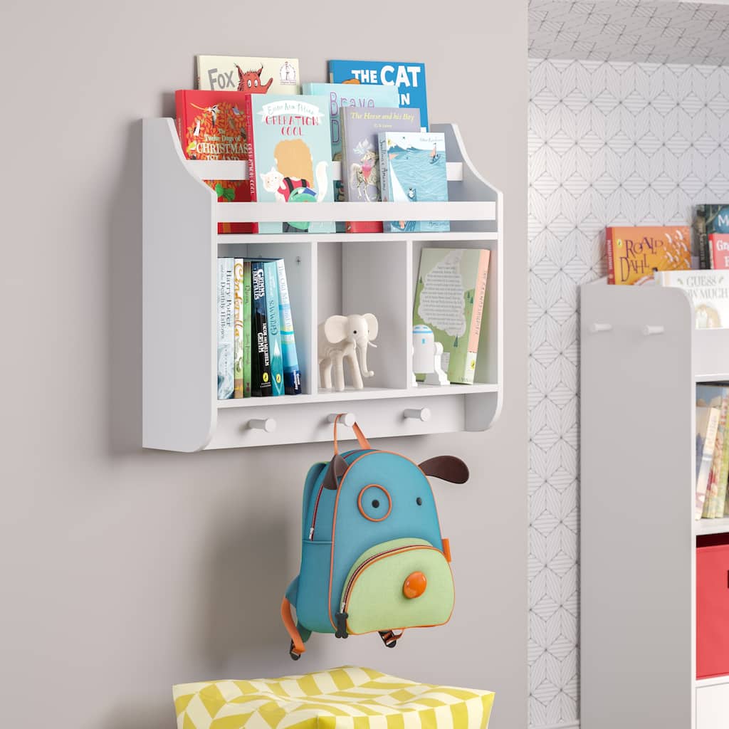 RiverRidge Kids Wall Mounted Bookshelf and Toy Storage Organizer for Playroom, Nursery, and Reading Nook - White