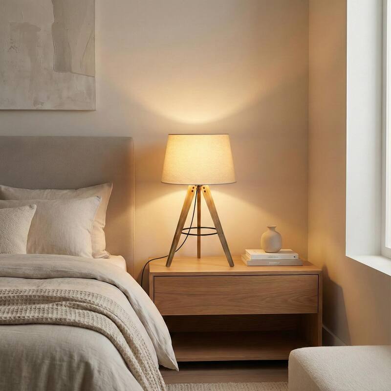 Irina Wooden Tripod Table Lamp with Trapezoid Linen Shade - Wood