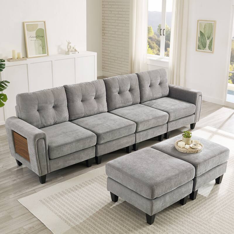 Roomfitters 115 Inch U-Shaped Sectional Sofa with 2 Ottomans and Foldable Side Tables, Chenille