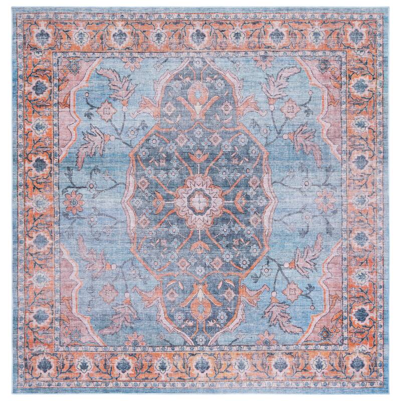 SAFAVIEH Serapi Machine Washable Nolia Medallion Distressed Rug - 6'7" Square - Blue/Orange