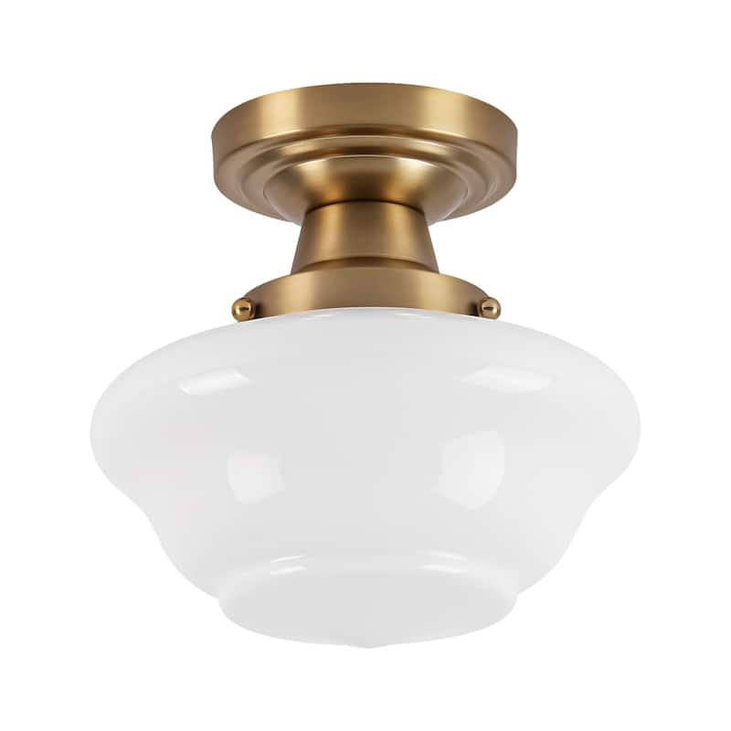 8.7" 1-Light Vintage Brass/Black Milk Glass Flush Mount Ceiling Light for Hallway