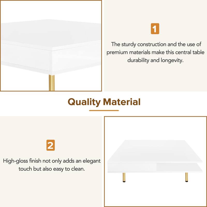 Stylish High Gloss Coffee Table 2 Tier Square Center Table with 4 Gold Legs and 2 Small Drawers, for Living Room