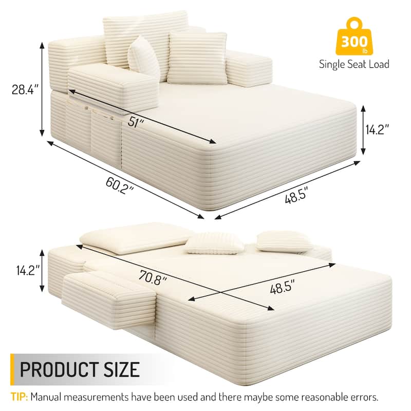 Luxurious Plush Corduroy Chaise Lounge Convertible Sofa Bed with Storage Pocket and Wide Armrests
