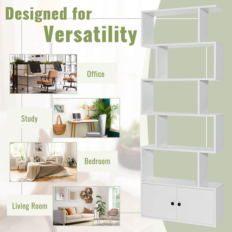 6-Tier Freestanding Modern S-Shaped Bookshelf with Storage Cabinet for Living Room and Office Use - 27.5" x 9" x 72" (L x W x H)