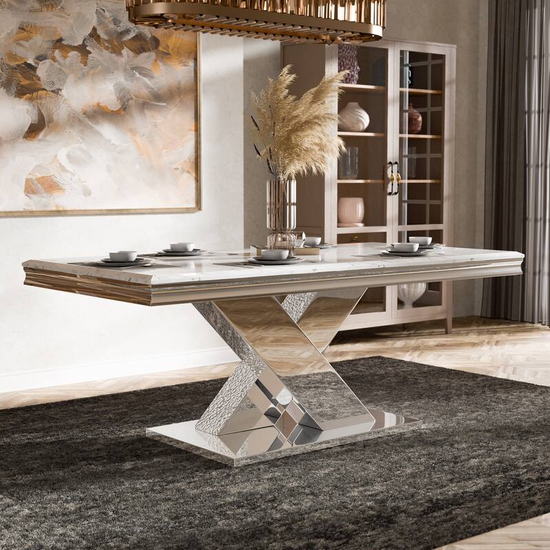 Furniture of America Thaddeus Modern X-Shaped 79-inch Dining Table with Stone Top - Silver / White