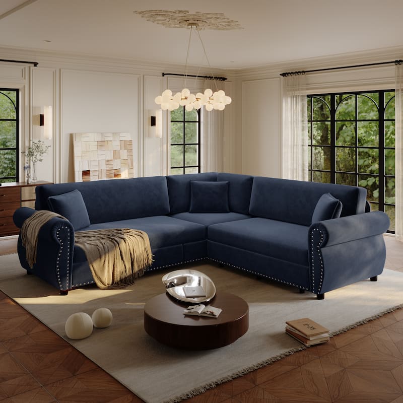 88.2" L-Shaped Sleeper Sectional Sofa with Pull-Out Bed - Chenille Convertible Couch, Nailhead Trim, for Living Room