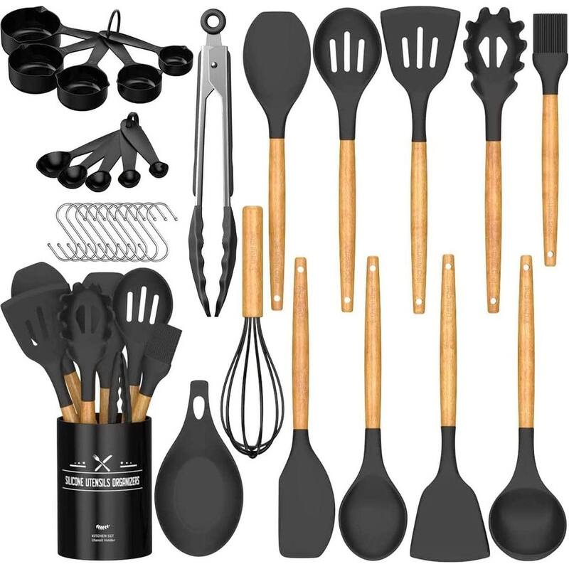 Kitchen Cooking Utensils Set, 33 pcs Non-Stick Utensils Spatula Set with Holder - Black