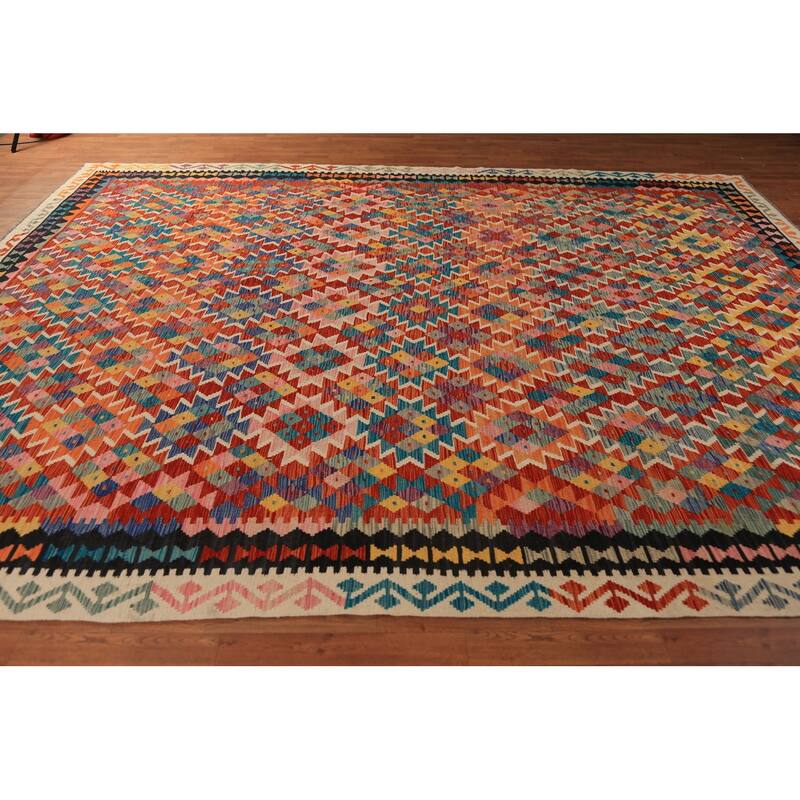 Geometric Kilim Oriental Area Rug Hand-Woven Tribal Orange Wool Carpet - 10'1"x 12'11"