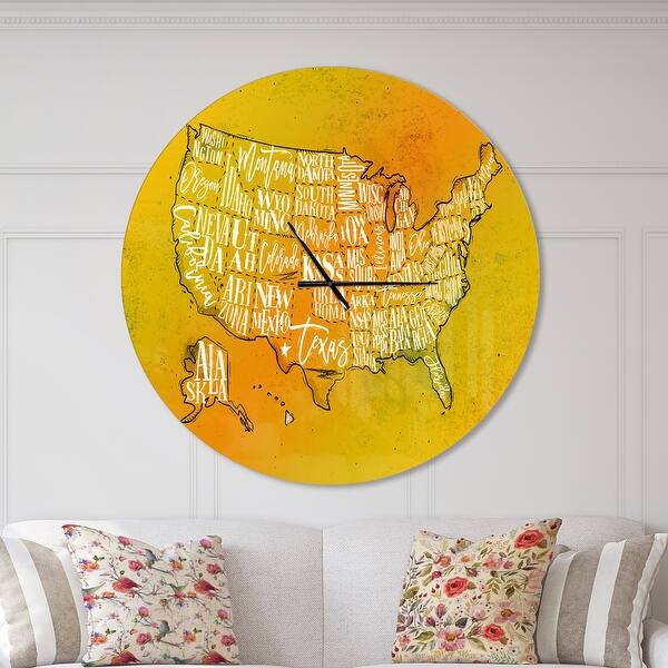 slide 2 of 10, Designart 'United States Yellow Vintage Map' Oversized Contemporary Wall CLock