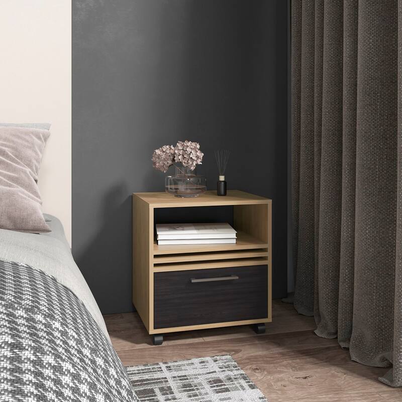 20-Inch High Mobile Nightstand with Drawer and Shelf, Natural Oak - Multi