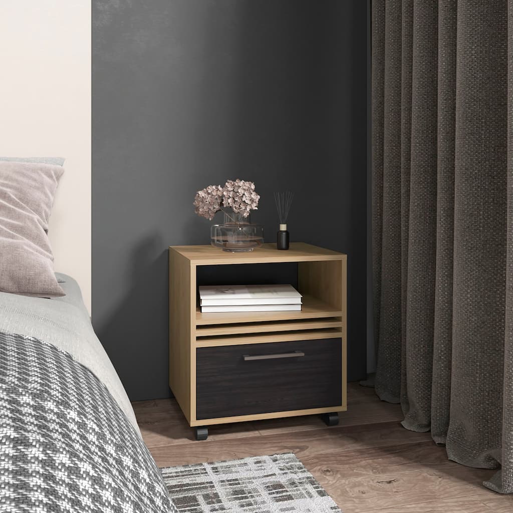 20-Inch High Mobile Nightstand with Drawer and Shelf, Natural Oak