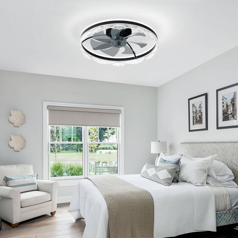 Smart Silent LED Ceiling Fan with Light Crystal Flush Mount, Hidden Blades
